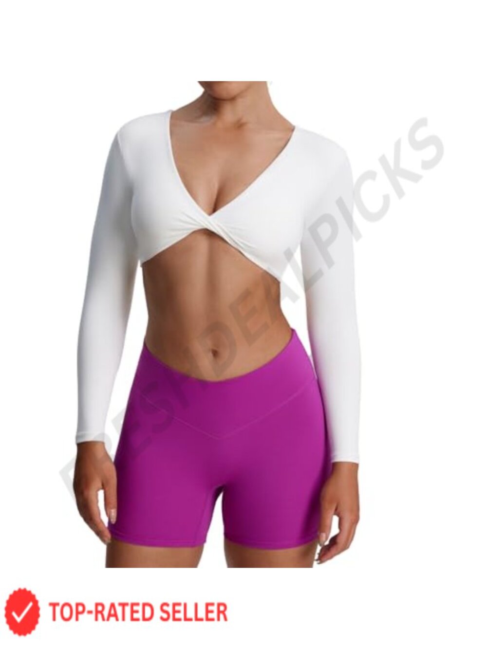 Long Sleeve Crop Top with Built-in Bra Deep V Twist Yoga Gym